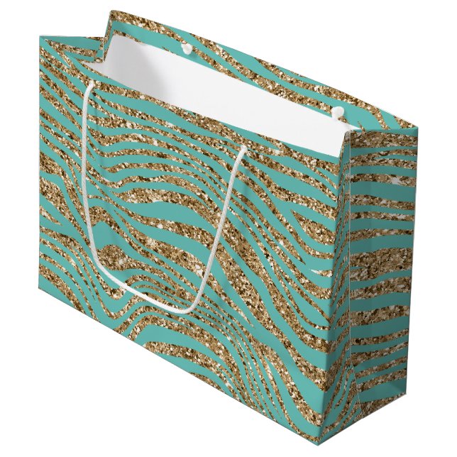 Sacola Para Presentes Grande Mint Dourado Faux Glitter Zebra (Frente inclinada)