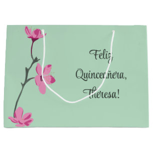 Sacola Para Presentes Grande Mint Green com Blossomas de Cereja Rosa Personaliz