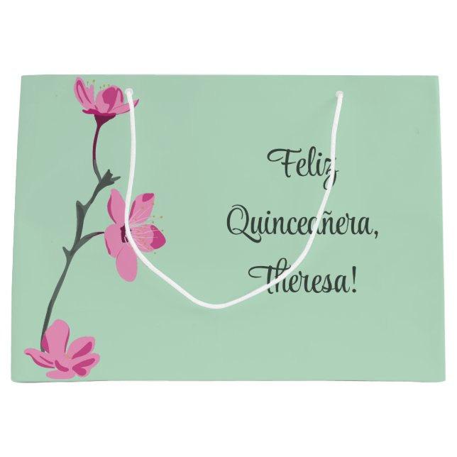 Sacola Para Presentes Grande Mint Green com Blossomas de Cereja Rosa Personaliz (Frente)