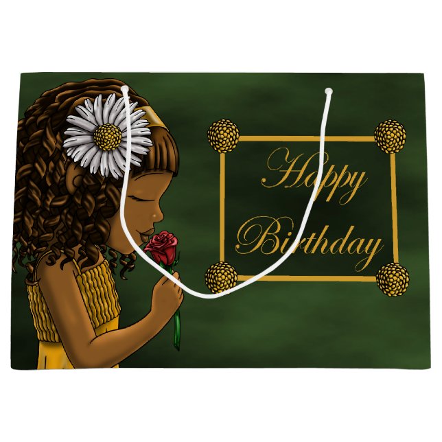 Sacola Para Presentes Grande Moça Americana Africana e Rosa (Frente)