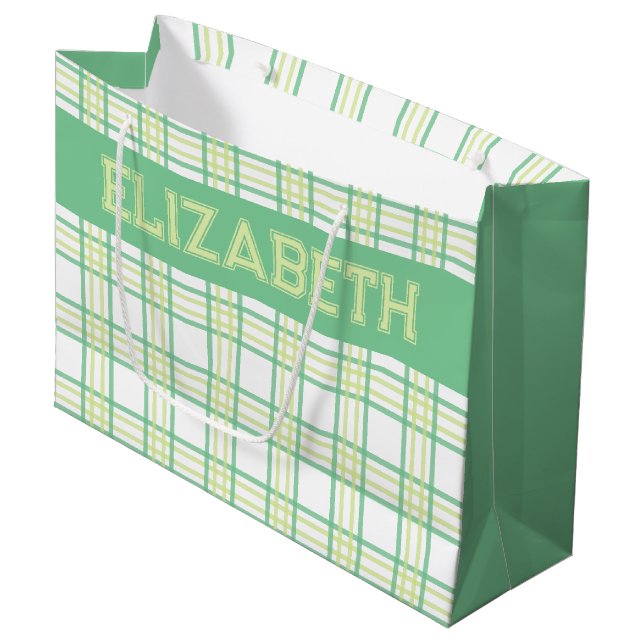 Sacola Para Presentes Grande Modern Preppy Plaid Green Lime Pattern (Frente inclinada)