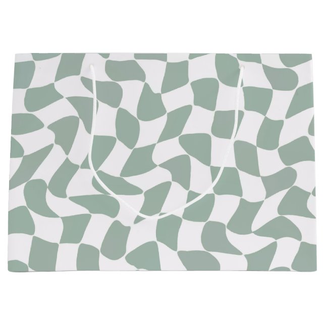 Sacola Para Presentes Grande Modern Sage Green & White Wavy Checkerboard (Frente)