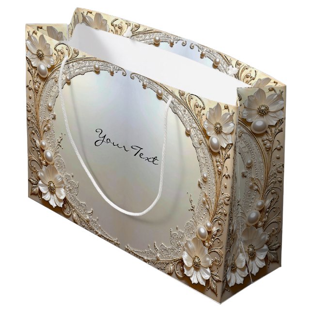 Sacola Para Presentes Grande Modern White Flowers Pearls Gift Bag (Verso inclinado)