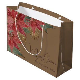 Sacola Para Presentes Grande Moderno e Dourado Elegante Poinsettia Vermelha Fel