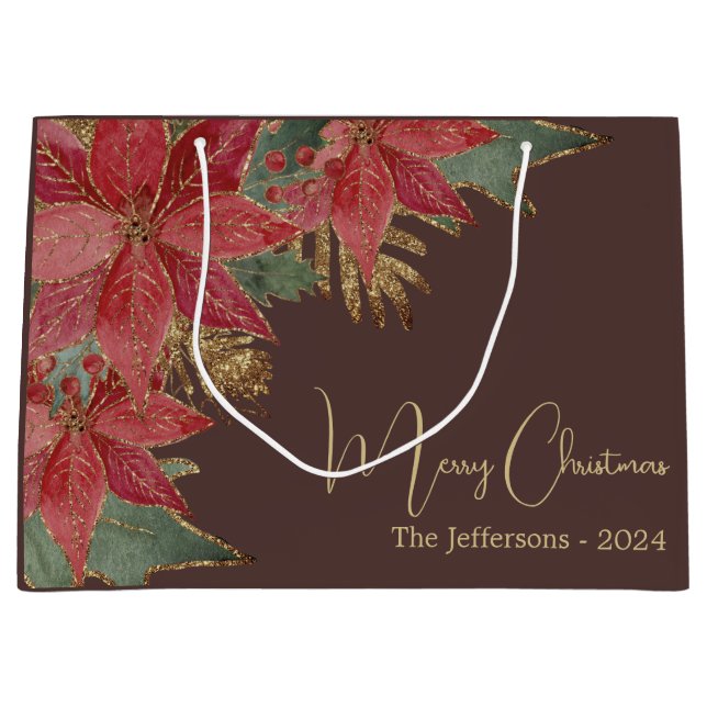 Sacola Para Presentes Grande Moderno e Dourado Elegante Poinsettia Vermelha Fel (Frente)