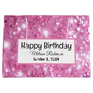 Sacola Para Presentes Grande Moderno Feliz Aniversário Rosa
