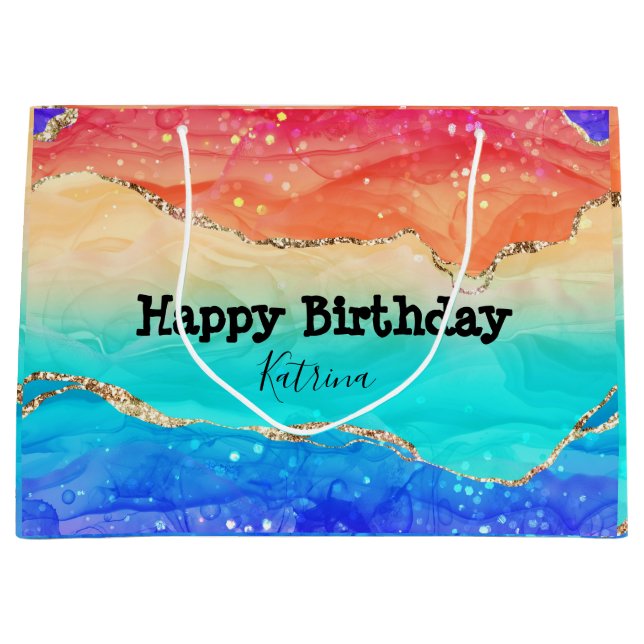 Sacola Para Presentes Grande Moderno Rainbow Glitter Personalizável (Frente)