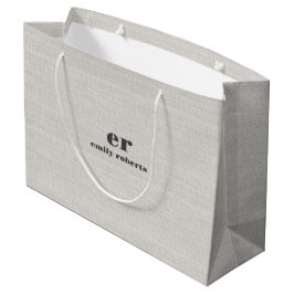 Sacola Para Presentes Grande Monogram Minimalistic White Burlap Gray Typography