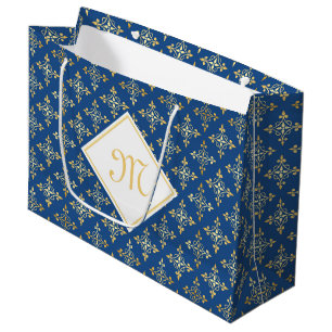 Sacola Para Presentes Grande Monograma Azul e Dourado Quatre Floral
