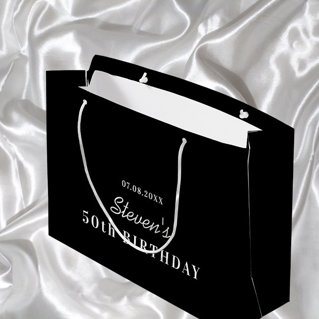 Sacola Para Presentes Grande Monograma branco preto de aniversário, moderno min (Criador carregado)