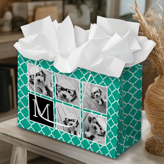 Sacola Para Presentes Grande Monograma da Colagem de Fotografias Emerald & Blac (Custom Gift Bag)