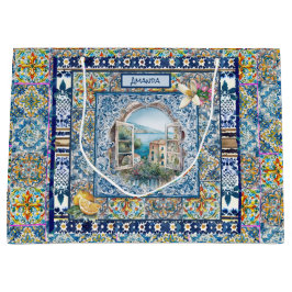 Sacola Para Presentes Grande monograma de azulejos florais azuis-italianos de v