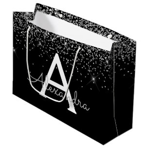 Sacola Para Presentes Grande Monograma de brilho preto e cinza