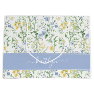 Sacola Para Presentes Grande Monograma de Flor Silvestre em Aquarela Azul