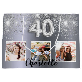 Sacola Para Presentes Grande monograma de fotos com brilho aniversário de 40 an
