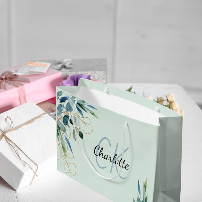 Sacola Para Presentes Grande Monograma de iniciais de folhagem verde de eucalip (Criador carregado)