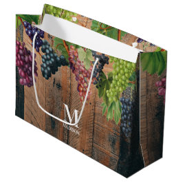 Sacola Para Presentes Grande Monograma de Madeira e Uvas de Vinha Rústica
