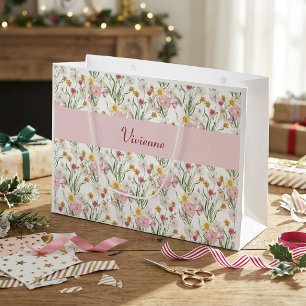 Sacola Para Presentes Grande Monograma de Nome Aquarela Flor Silvestre Rosa Ver