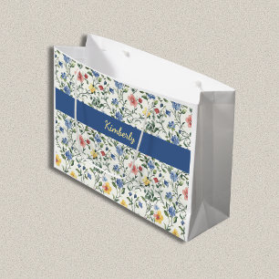 Sacola Para Presentes Grande Monograma de Nome de Flor Silvestre Aquarela Azul 
