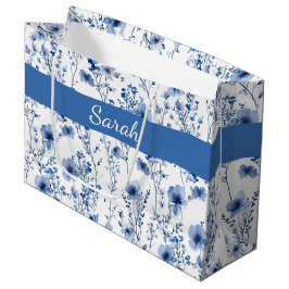 Sacola Para Presentes Grande Monograma de Nome Floral de Flor Silvestre Azul Br