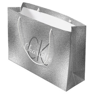 Sacola Para Presentes Grande Monograma de nome moderno elegante em metal pratea
