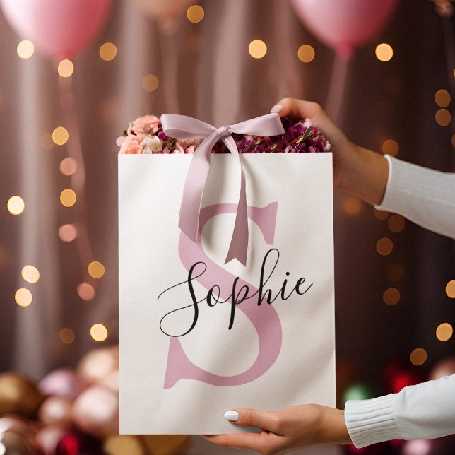 Sacola Para Presentes Grande Monograma de Nome Personalizado Moderno - Rosa (Criador carregado)