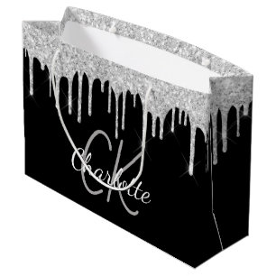 Sacola Para Presentes Grande Monograma de nome prateado preto moderno e elegant