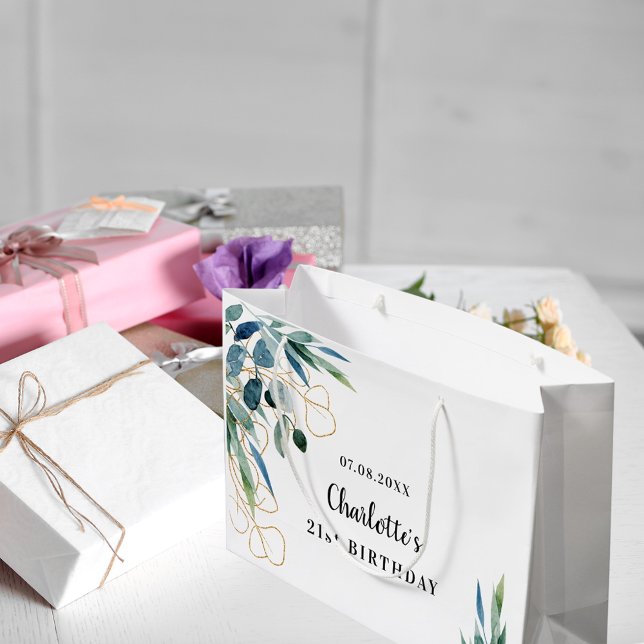 Sacola Para Presentes Grande Monograma de ouro eucalipto-verde (Criador carregado)