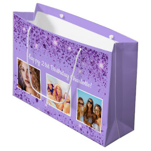 Sacola Para Presentes Grande Monograma de poeira violeta violeta de aniversári