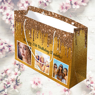 Sacola Para Presentes Grande Monograma do ouro personalizado de fotografia com
