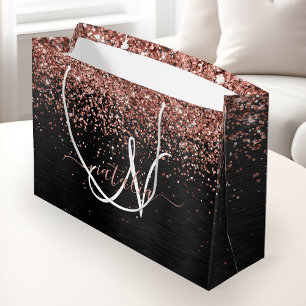 Sacola Para Presentes Grande Monograma do Sparkle preto com brilho Dourado com