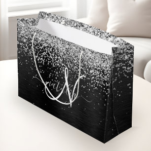Sacola Para Presentes Grande Monograma do Sparkle Preto com Glitter de Prata Pe