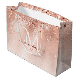 Sacola Para Presentes Grande Monograma Dourado de Rosa de Pêssego com brilho