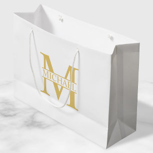 Sacola Para Presentes Grande Monograma e Nome Personalizados Branco e Dourado