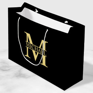 Sacola Para Presentes Grande Monograma e Nome Personalizados Preto e Dourado