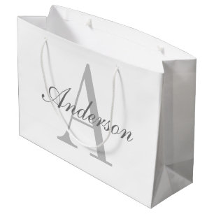 Sacola Para Presentes Grande Monograma Elegante Branco e Cinza