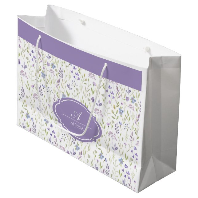 Sacola Para Presentes Grande Monograma Floral Púrpura Personalizado (Frente inclinada)