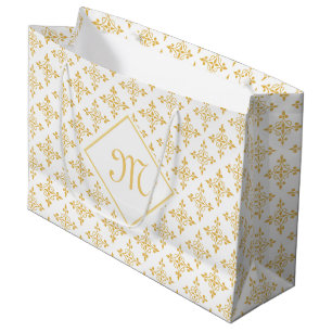Sacola Para Presentes Grande Monograma luxuoso branco e Quatre Dourado floral