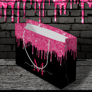 Sacola Para Presentes Grande Monograma Metálico Quente-Cor-de-Rosa Escuro