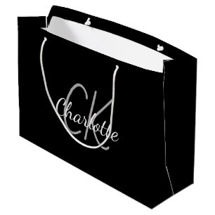 Sacola Para Presentes Grande Monograma moderno elegante nome preto branco