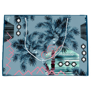 Sacola Para Presentes Grande Monograma negro azul-havaiano Palm personalizado