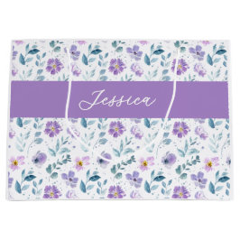 Sacola Para Presentes Grande Monograma Nome Flor Silvestre Aquarela Roxo Verde
