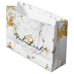 Sacola Para Presentes Grande Monograma nupcial Dourado de mármore branco do