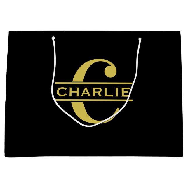 Sacola Para Presentes Grande Monograma Personalizado E Nome Preto E Dourado (Frente)
