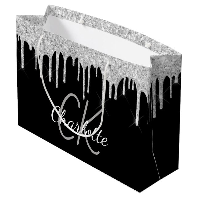 Sacola Para Presentes Grande Monograma prateado preto nome elegante moderno (Verso inclinado)