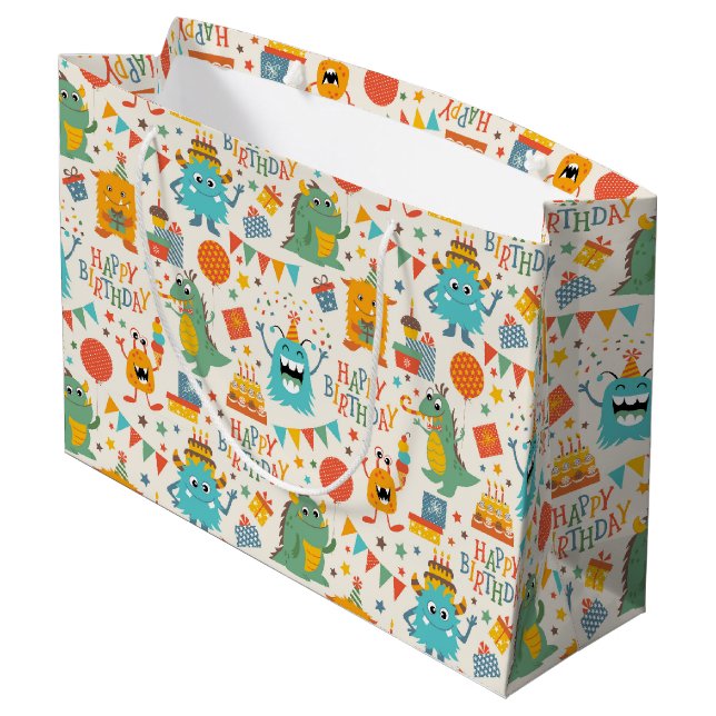 Sacola Para Presentes Grande Monstros de festa de aniversário (Verso inclinado)