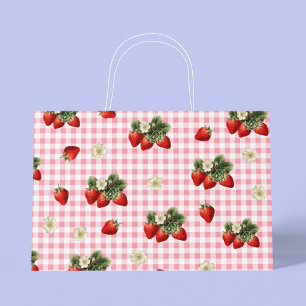 Sacola Para Presentes Grande Morango e gingham vermelha