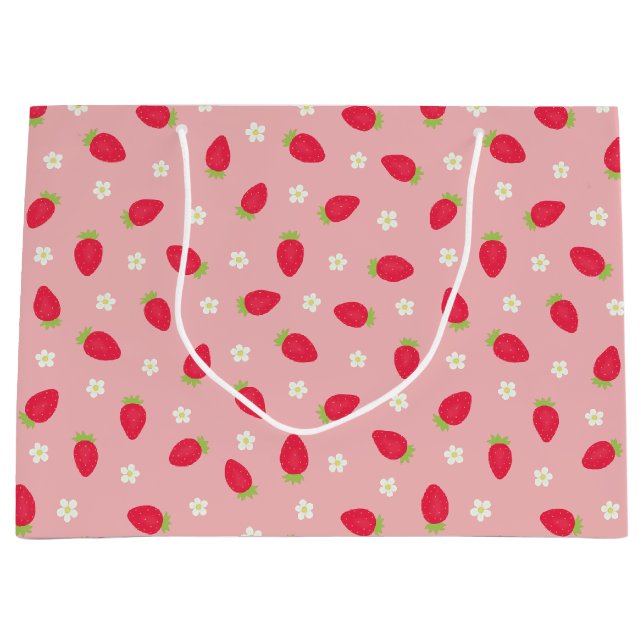 Sacola Para Presentes Grande Morangos Rosa de Verão (Frente)