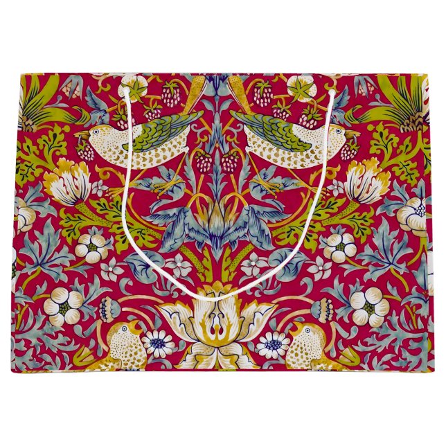 Sacola Para Presentes Grande Morris Red Background Strawberry Thief Pattern (Frente)