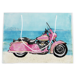 Sacola Para Presentes Grande Motocicleta rosa na praia